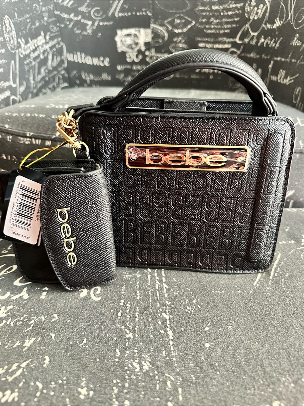 bebe Black Textured Mini Satchel with Tag